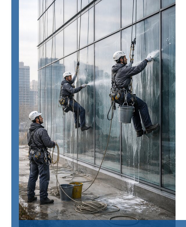 Промышленная мойка панорамных окон на высоте в Отрадном