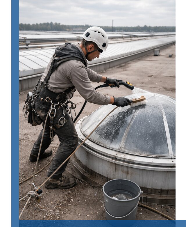 Мойка зенитных фонарей на кровле для промышленных объектов в Отрадном