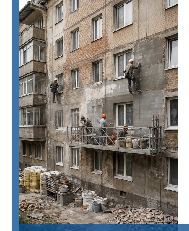 Капитальный ремонт фасада в Отрадном с восстановлением и гидроизоляцией