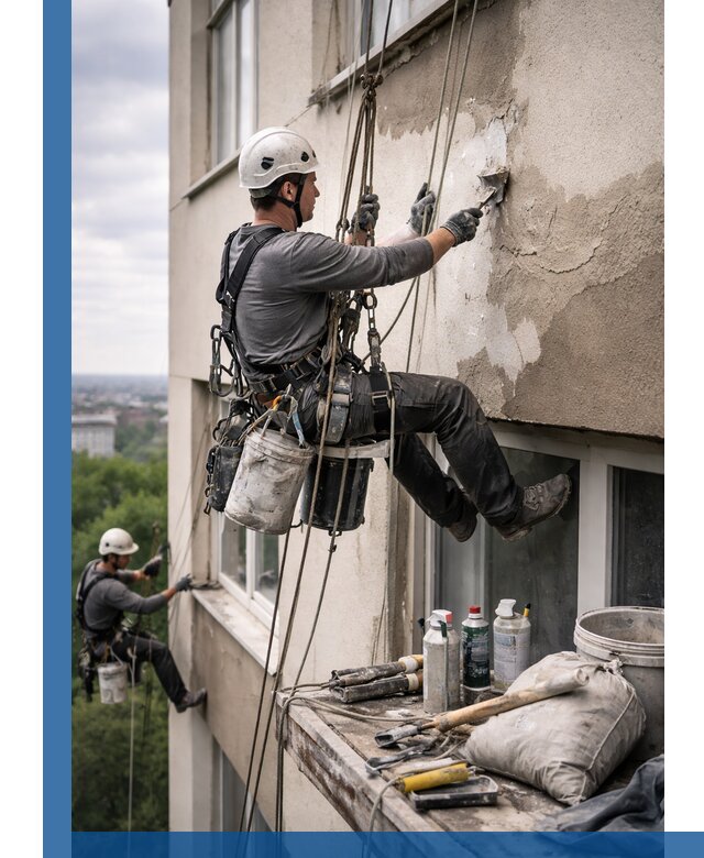 Косметический ремонт фасада зданий в Отрадном промышленными альпинистами
