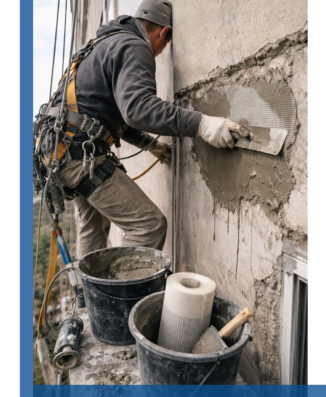 Ремонт бетонных элементов фасада промышленными альпинистами в Отрадном