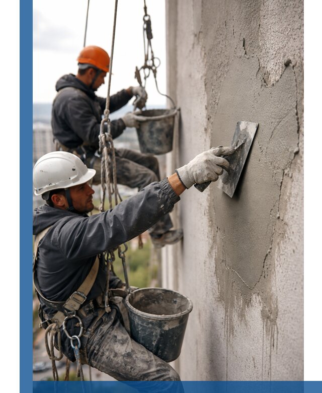 Штукатурка фасада на высоте в Отрадном профессиональные работы