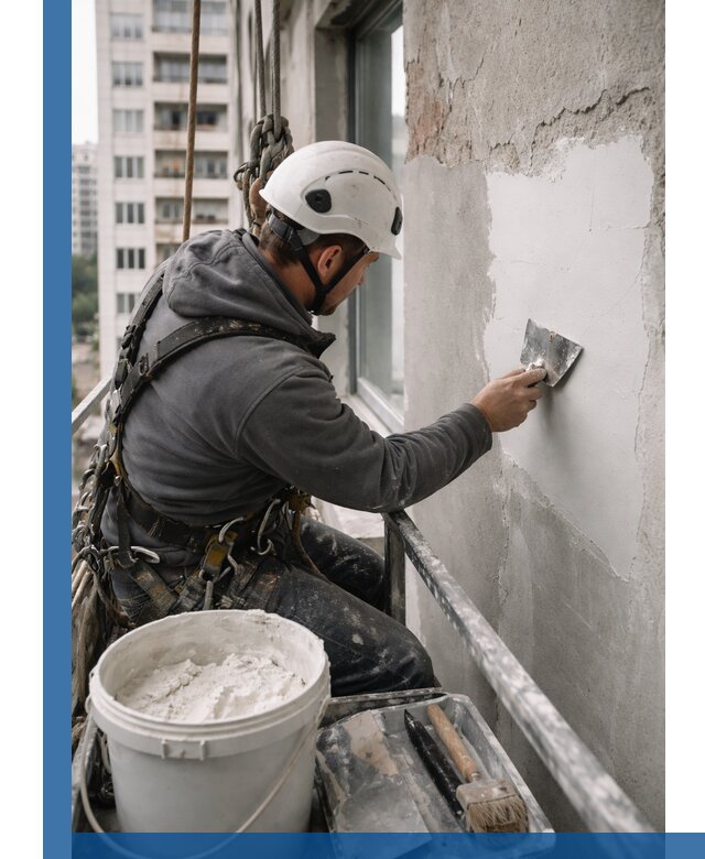 Шпаклевка фасадов на высоте с промальпинистами в Отрадном