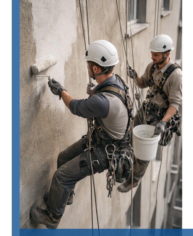 Грунтовка фасада на высоте в Отрадном промышленными альпинистами