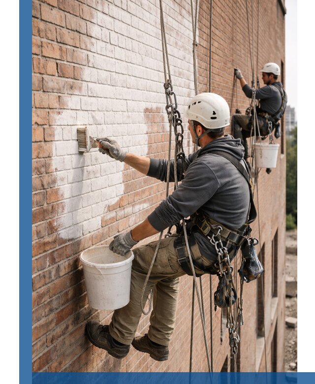 Покраска кирпичного фасада с доступным альпинистским сервисом в Отрадном