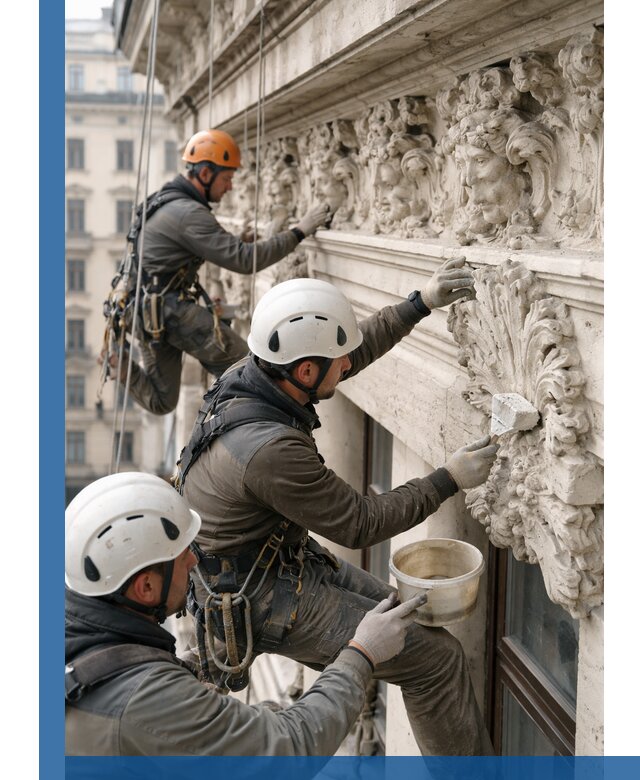 Реставрация фасадной лепнины с высотными работами в Отрадном