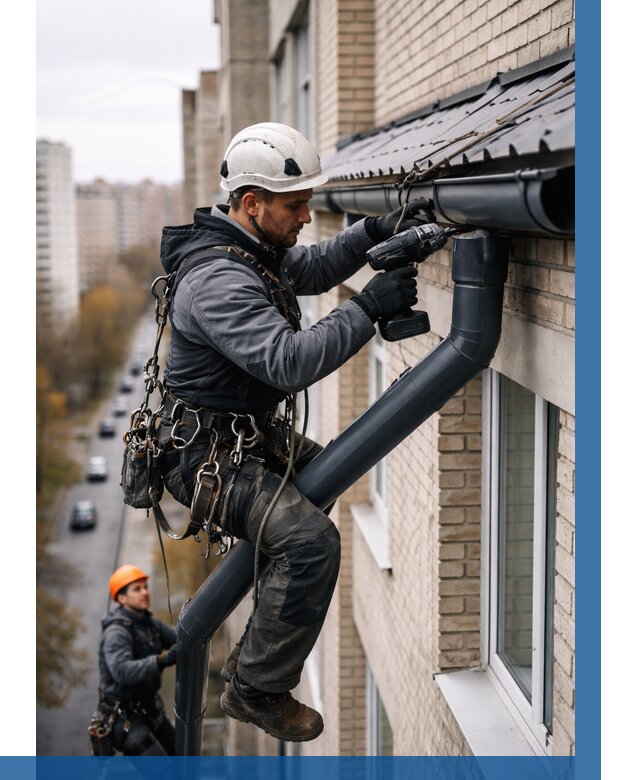 Монтаж водосточной системы на здании в Отрадном от 5435 р. | ВЫСОТНИК-Трд