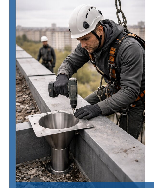 Монтаж водосточных воронок в Отрадном для промышленных зданий