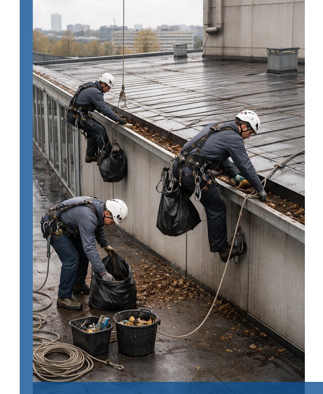 Очистка кровли по периметру в Отрадном силами промышленных альпинистов