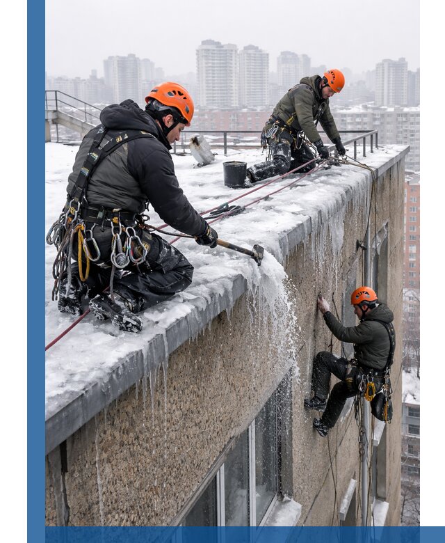 Удаление наледи с кровли в Отрадном промышленными альпинистами