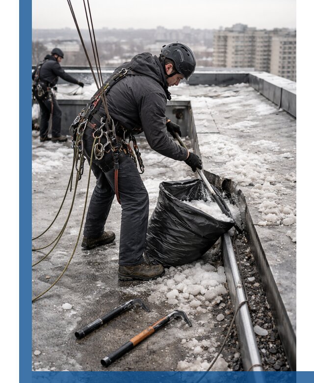 Аварийная очистка кровли в Отрадном от промальпинистов