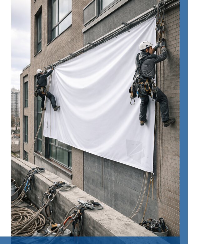 Монтаж баннеров на фасаде в Отрадном от 707 р. заказать ВЫСОТНИК-Трд