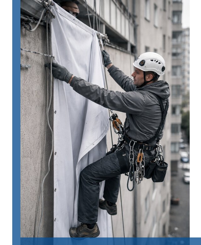 Замена баннерного полотна промышленными альпинистами в Отрадном