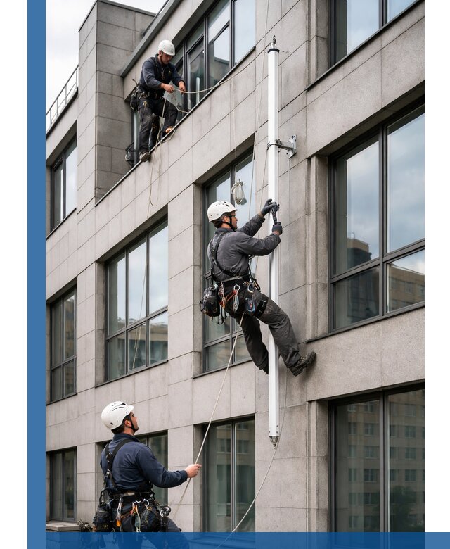 Монтаж флагштока на фасаде здания с креплением и герметикой в Отрадном
