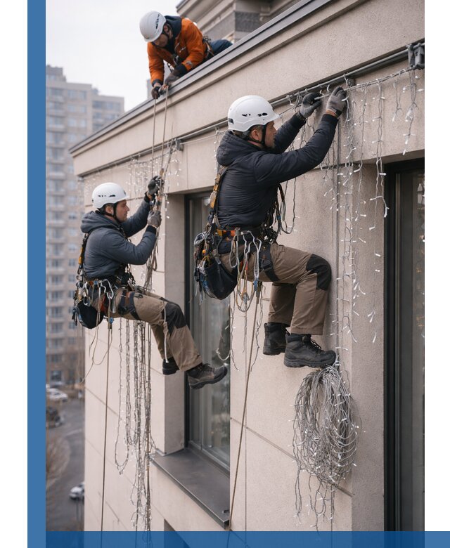 Монтаж праздничных гирлянд на фасаде в Отрадном для зданий