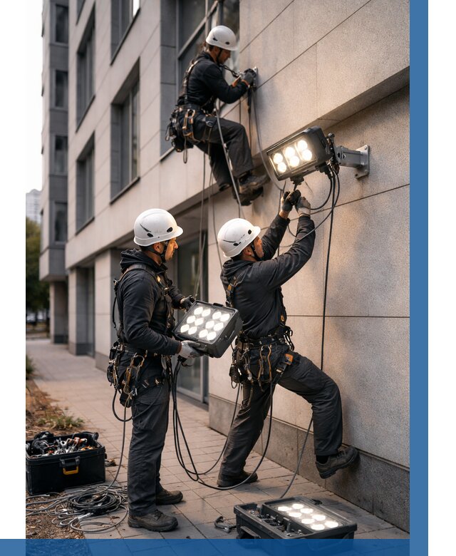 Монтаж прожекторов на фасаде в Отрадном от 8153 р. | ВЫСОТНИК-Трд