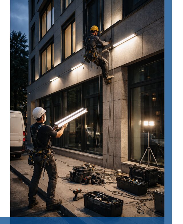 Монтаж архитектурной подсветки здания в Отрадном от 2718 р.|ВЫСОТНИК-Трд