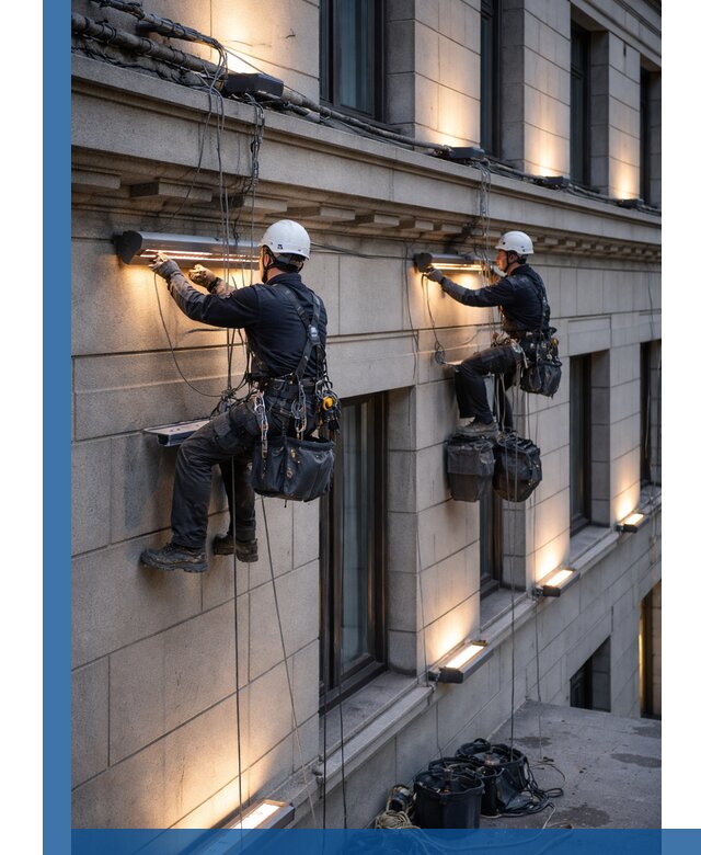 Монтаж архитектурной подсветки фасадов зданий в Отрадном