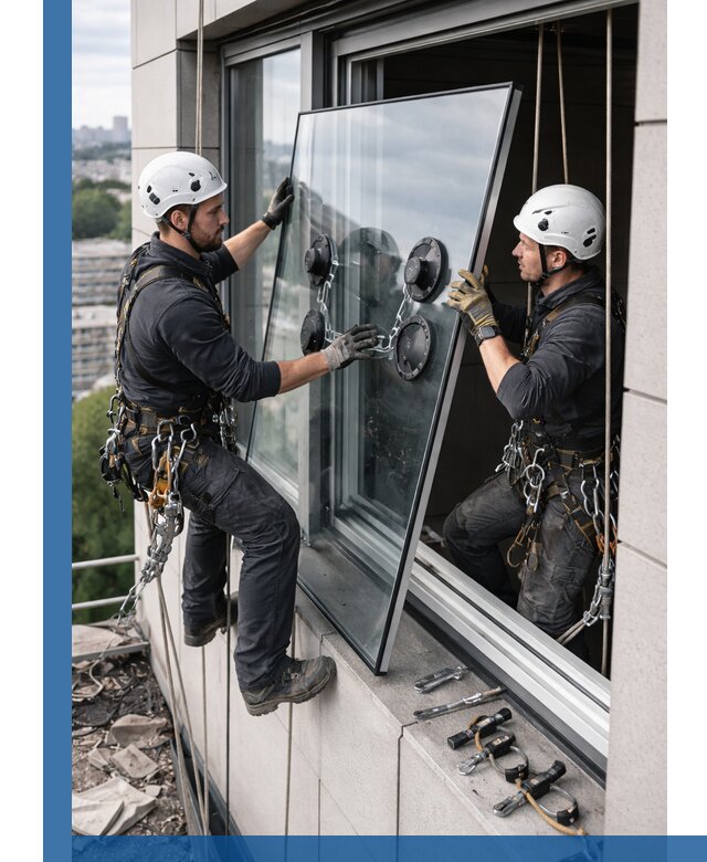 Замена стеклопакетов на высоте с промышленными альпинистами в Отрадном