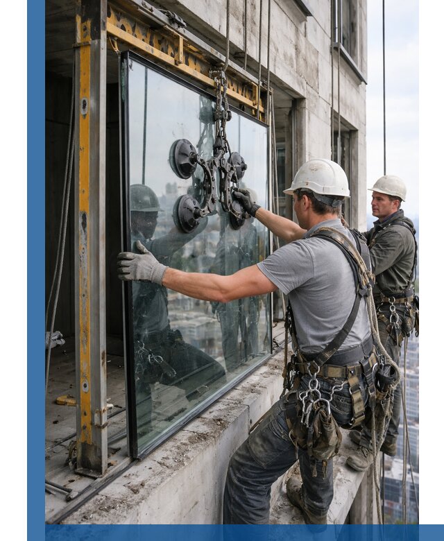 Монтаж стеклопакетов на высоте в Отрадном с промышленным альпинизмом