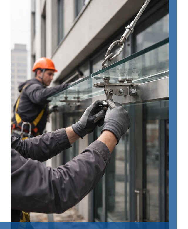 Монтаж стеклянных козырьков в Отрадном от 9240 р. | ВЫСОТНИК-Трд