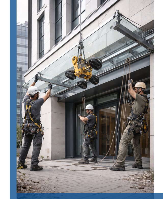 Монтаж стеклянных козырьков под ключ в Отрадном для зданий