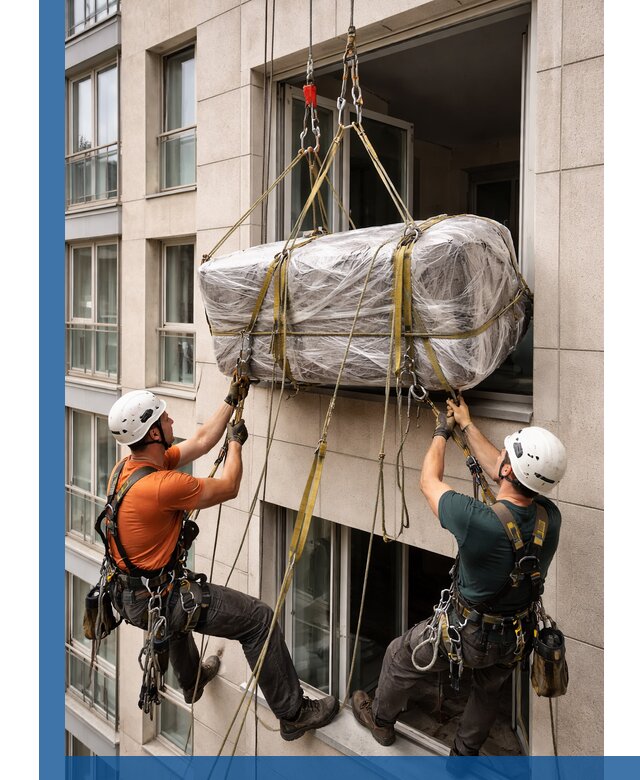 Подъем грузов через окно в Отрадном промышленными альпинистами