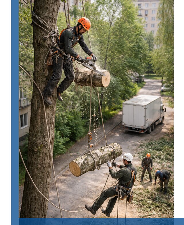 Спил деревьев альпинистами в Отрадном, безопасно и без повреждений