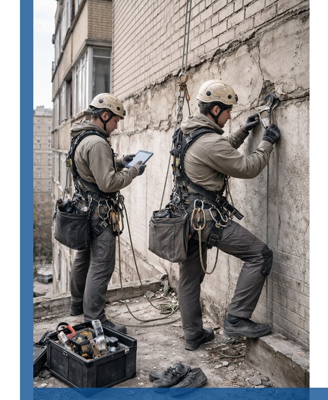 Обследование фасада промышленными альпинистами в Отрадном